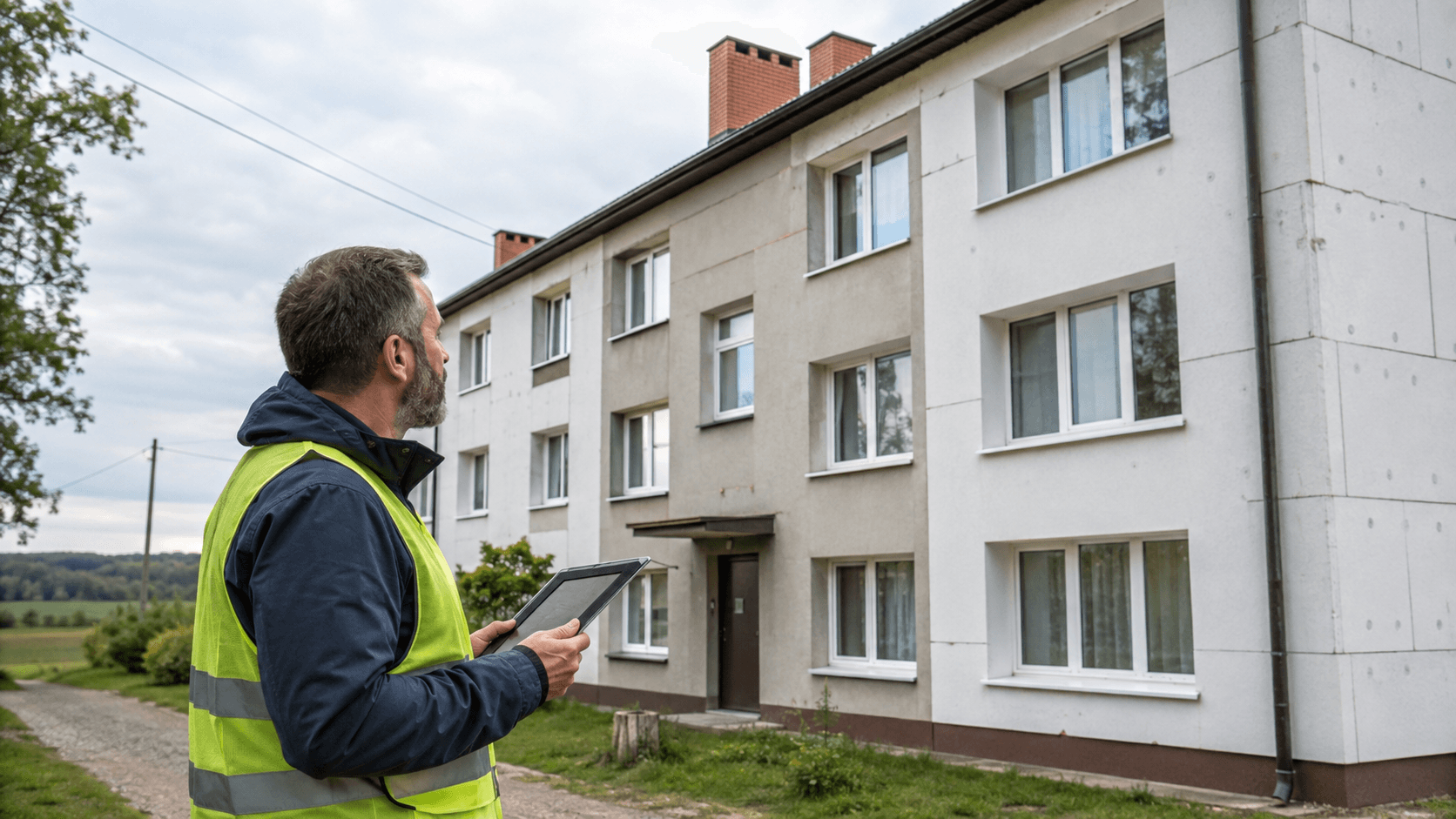 Audytor energetyczny ocenia wielorodzinny budynek mieszkalny na terenie wiejskim przed planowaną termomodernizacją.