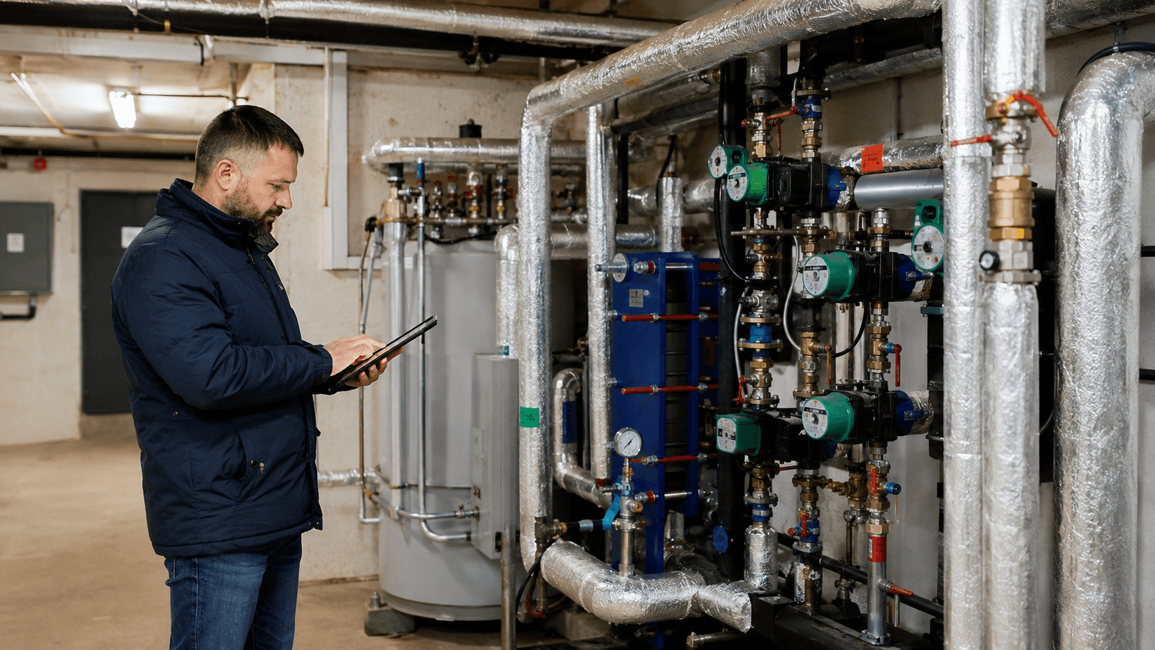 Audytor energetyczny analizujący instalację grzewczą w pomieszczeniu technicznym budynku wielorodzinnego.