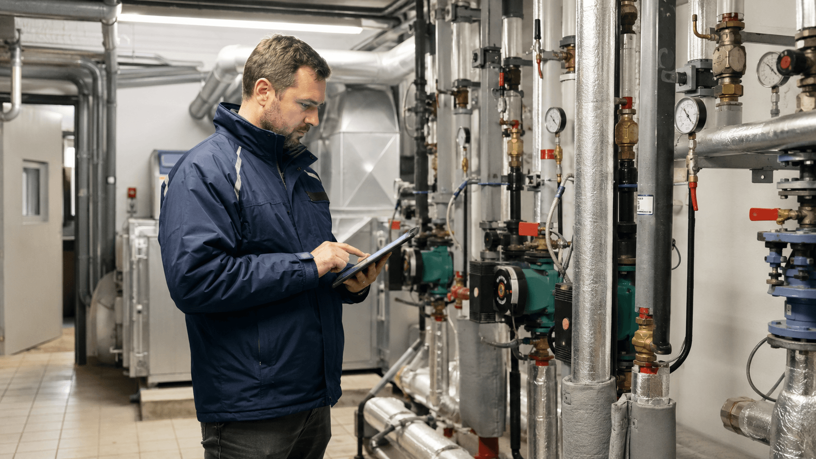 Audytor energetyczny podczas kontroli instalacji grzewczej w budynku użyteczności publicznej.