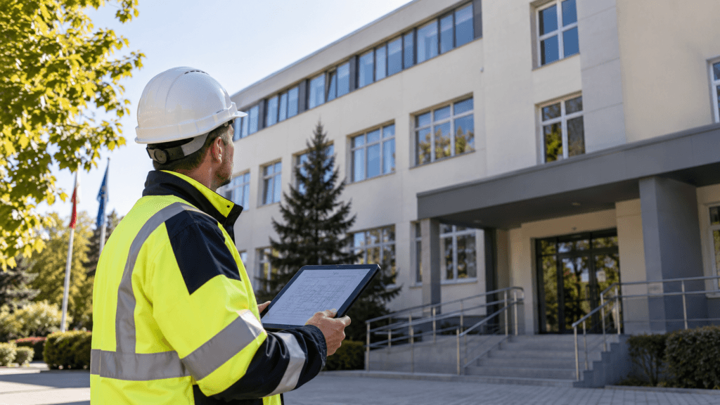Audytor energetyczny podczas kontroli instalacji grzewczej w budynku użyteczności publicznej przed termomodernizacją