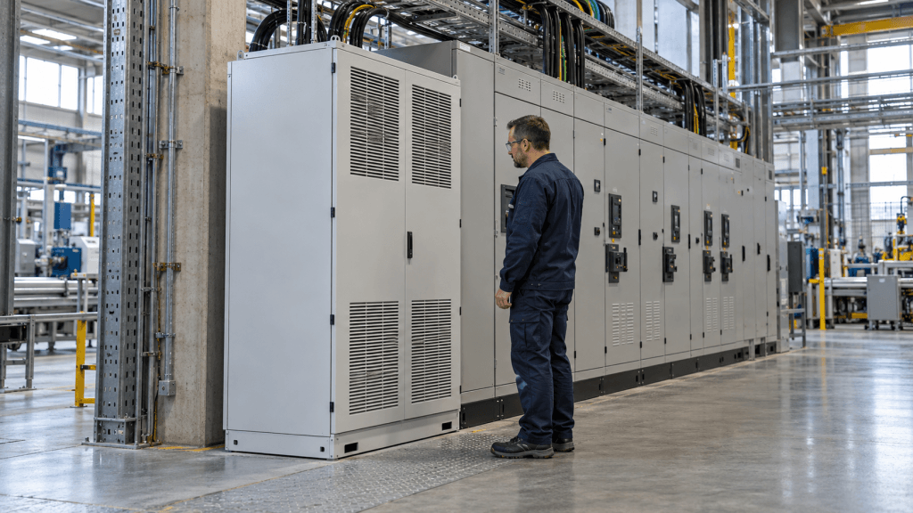 Technik kontrolujący szafę aktywnego filtra harmonicznych przy rozdzielnicy elektrycznej w zakładzie przemysłowym.