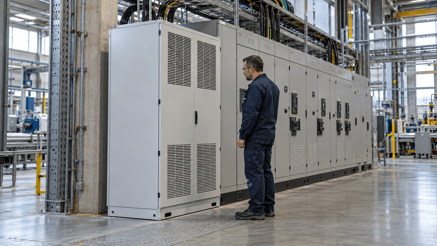Technik kontrolujący szafę aktywnego filtra harmonicznych przy rozdzielnicy elektrycznej w zakładzie przemysłowym.