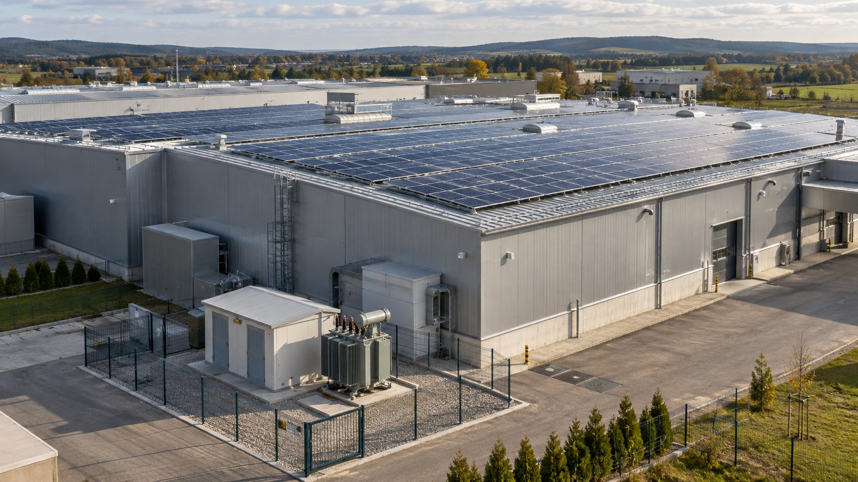 Solar panels on the roof of an industrial building and a transformer substation on the premises of a manufacturing facility.