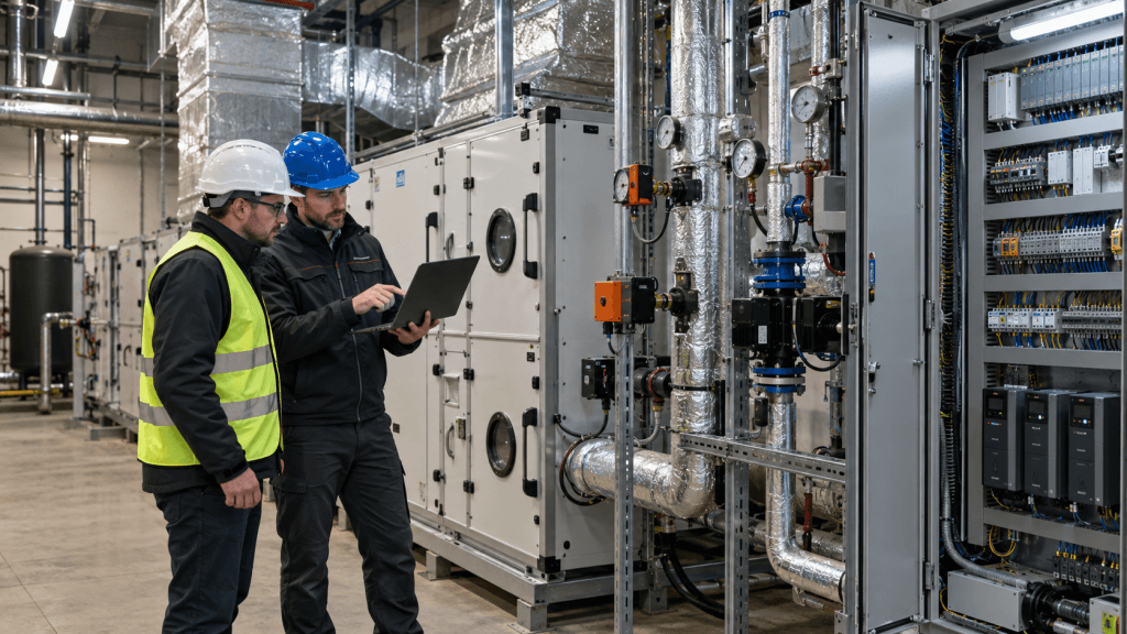 Inżynierowie analizują działanie automatyki HVAC przy centrali wentylacyjnej, instalacji rurowej i szafie sterowniczej w obiekcie przemysłowym.