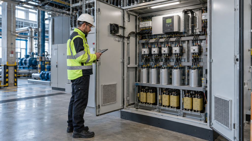 Technik kontrolujący przemysłową baterię kondensatorów z dławikami odstrajającymi, regulatorem mocy biernej i stopniami kompensacji w rozdzielni elektrycznej.