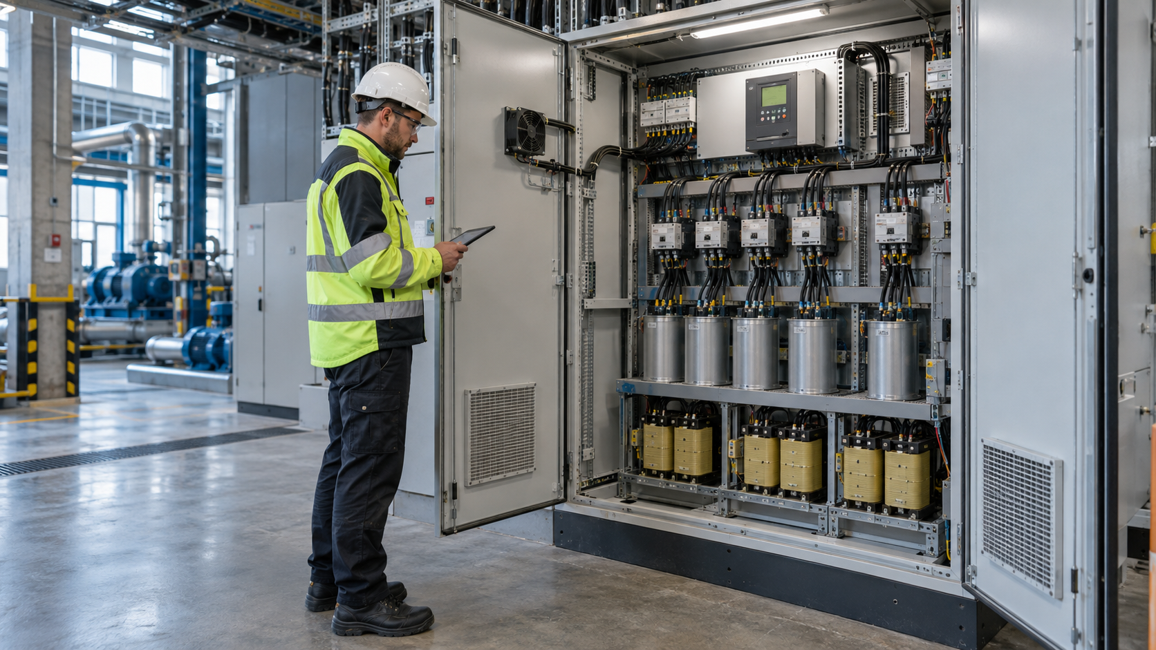 Technik kontrolujący przemysłową baterię kondensatorów z dławikami odstrajającymi, regulatorem mocy biernej i stopniami kompensacji w rozdzielni elektrycznej.