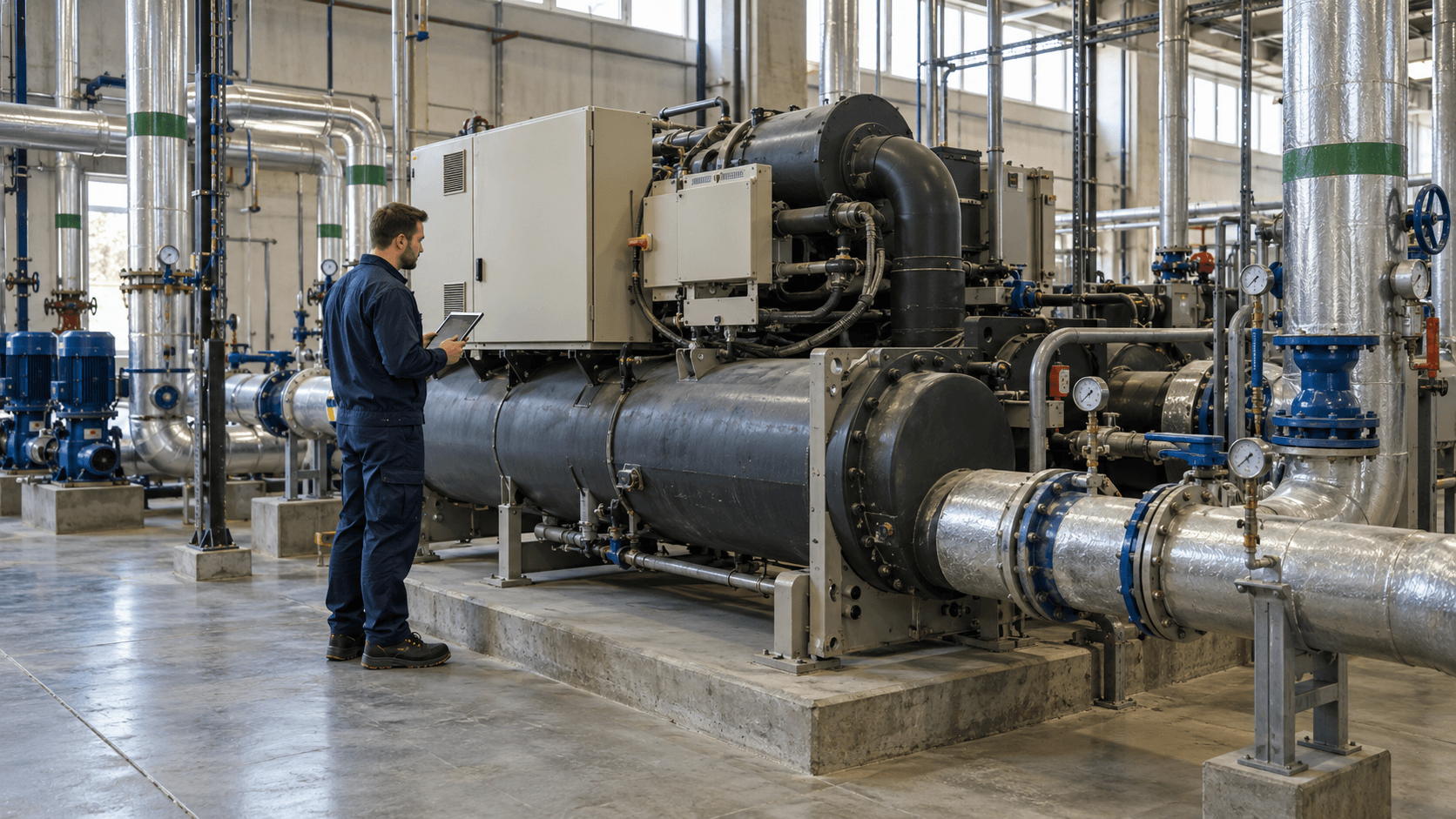 Ein Ingenieur kontrolliert eine industrielle Kältemaschine und den Kaltwasserkreislauf im Technikraum.