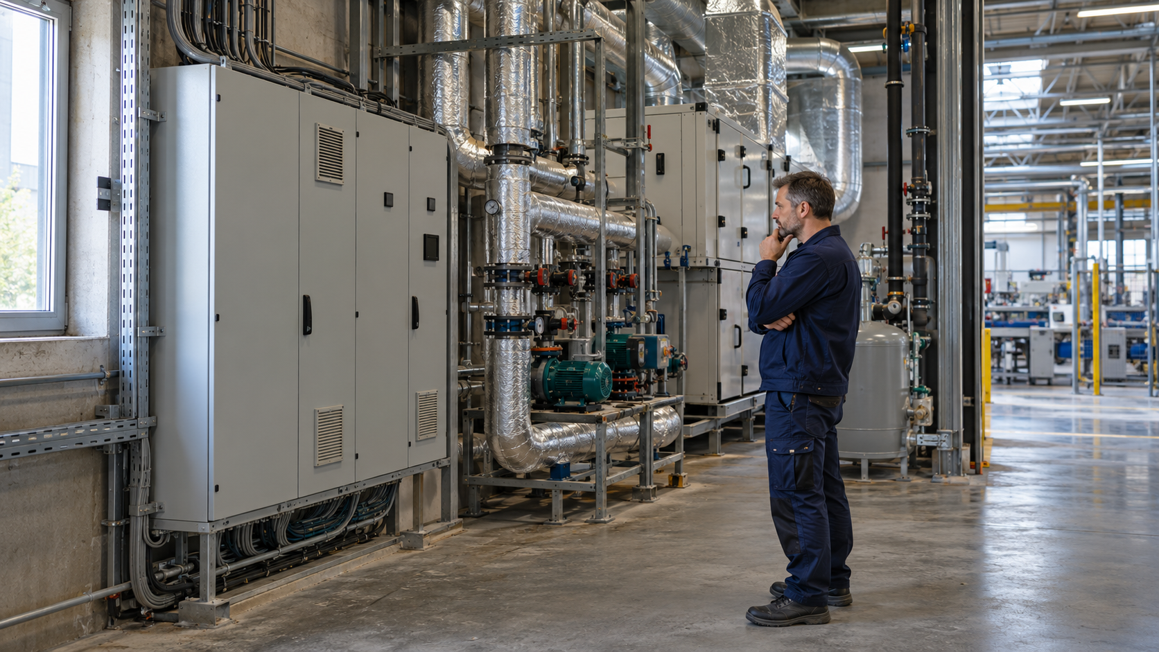 Specjalista ds. energetyki przy szafie automatyki i licznikach energii w zakładzie przemysłowym.