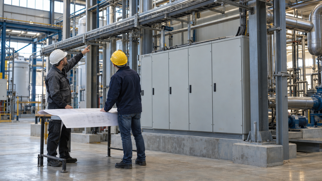 Dwóch inżynierów w kaskach ochronnych analizuje dokumentację projektową instalacji przemysłowej przy rozdzielnicy elektrycznej i trasach kablowych w hali zakładu.