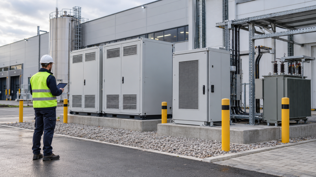 Inżynier analizuje instalację magazynu energii BESS z falownikiem PCS przy hali zakładu przemysłowego.
