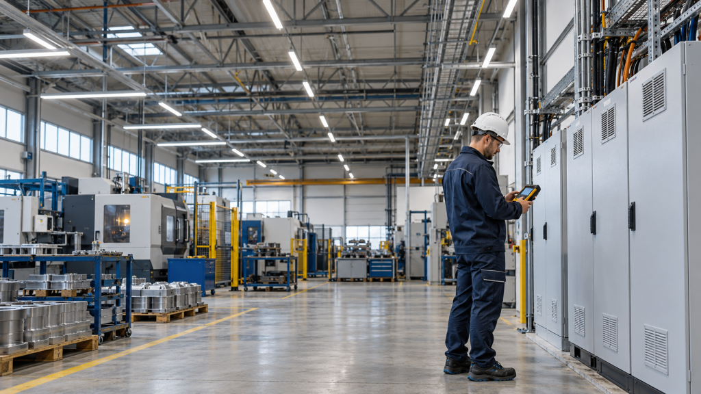 Inżynier kontrolujący instalację elektryczną w hali produkcyjnej oświetlonej oprawami LED.