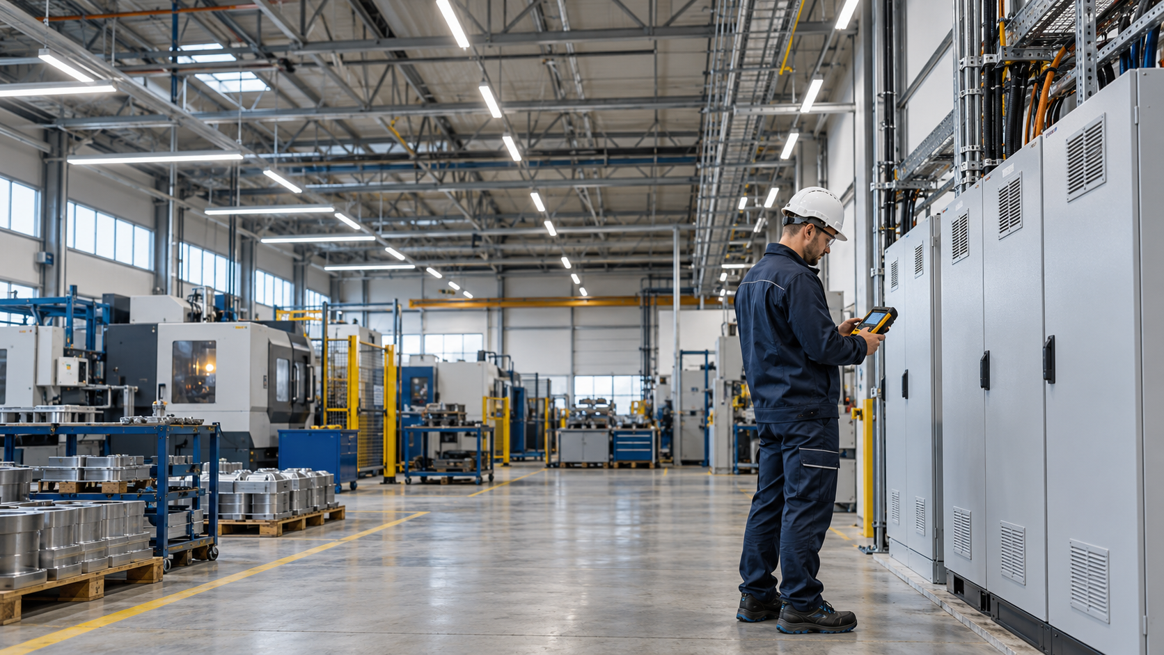Inżynier kontrolujący instalację elektryczną w hali produkcyjnej oświetlonej oprawami LED.