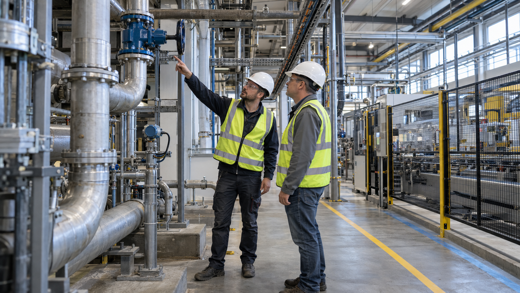 Two maintenance engineers examine the piping and valves of an industrial installation in an operating production hall.
