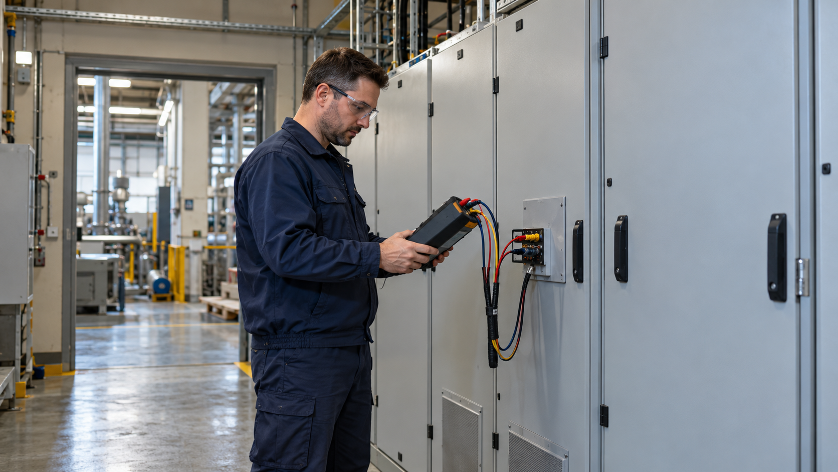 Eine Fachkraft prüft die Spannungsqualität mit einem Analysegerät an der Schaltanlage eines Industriebetriebs.
