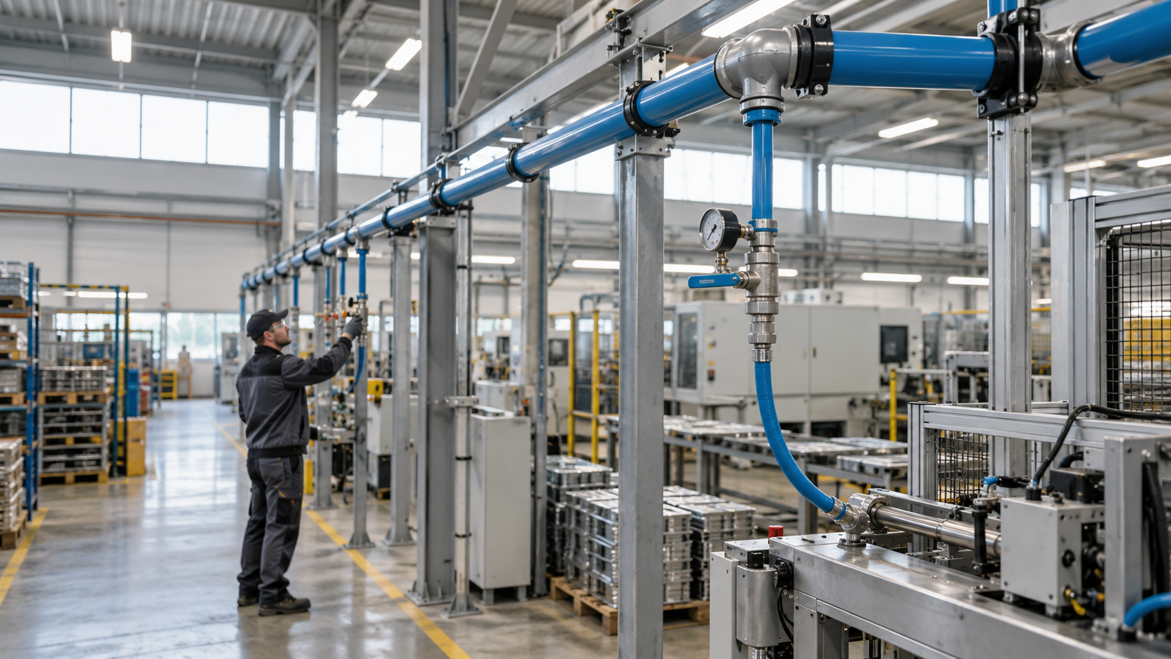 Blaue Druckluft-Hauptleitung mit Abzweigen, Manometer und Anschlussleitung zu einer Maschine in einer Produktionshalle.