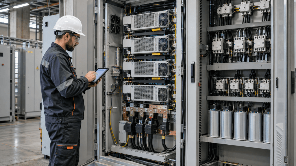 Technik kontrolujący przemysłową instalację elektryczną z aktywnym kompensatorem mocy biernej SVG i baterią kondensatorów.